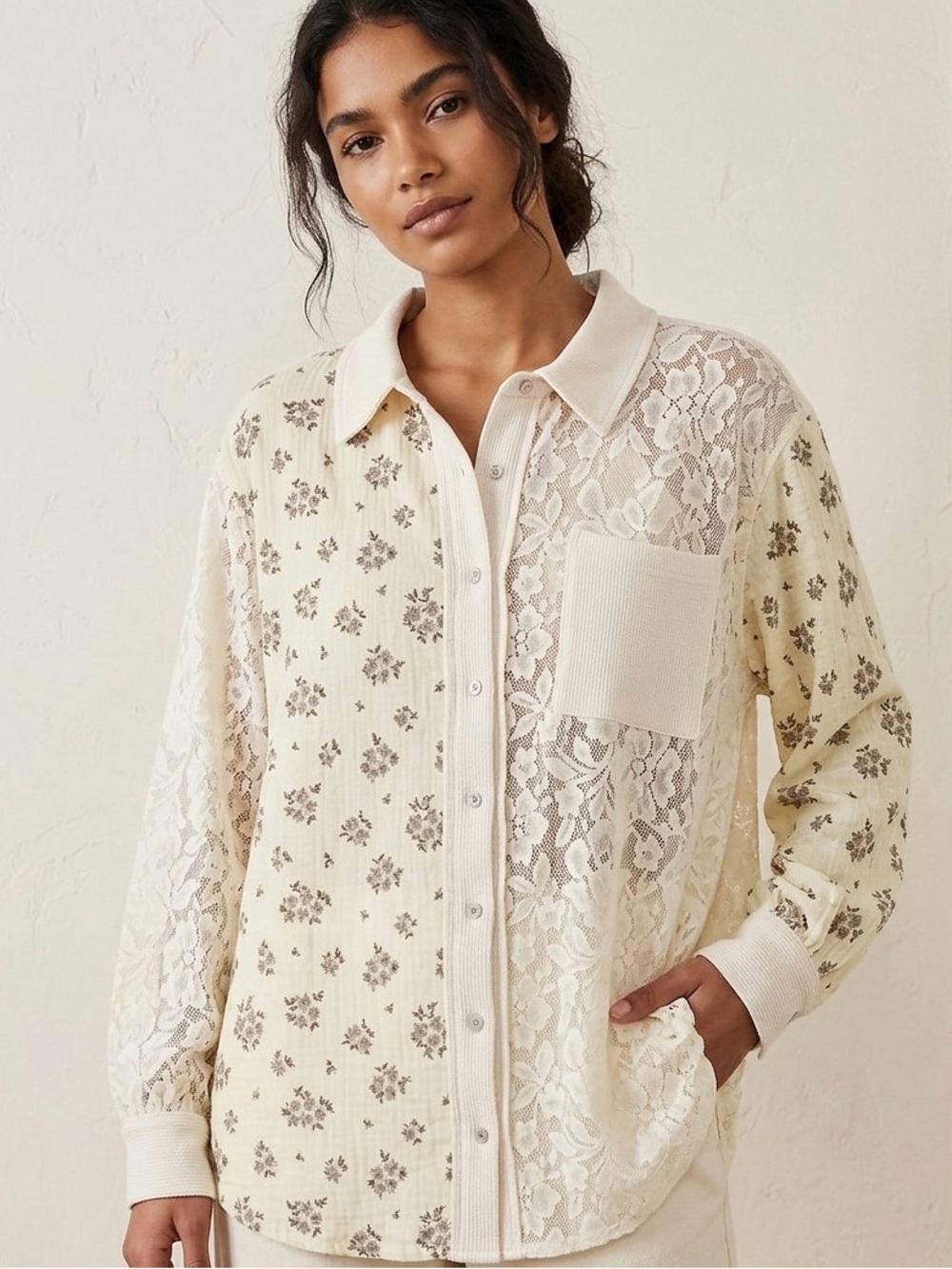 New POL Cottagecore Cream Floral & Floral Lace Oversized Shirt M